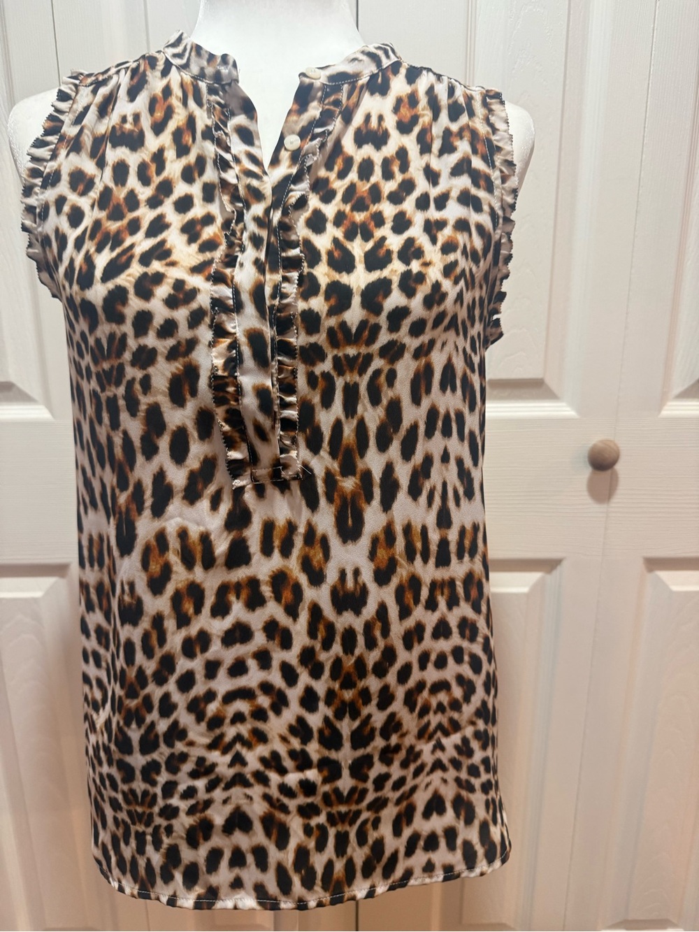 Worthington Leopard Print Ruffle V-Neck Sleeveless Top - Brown/Black